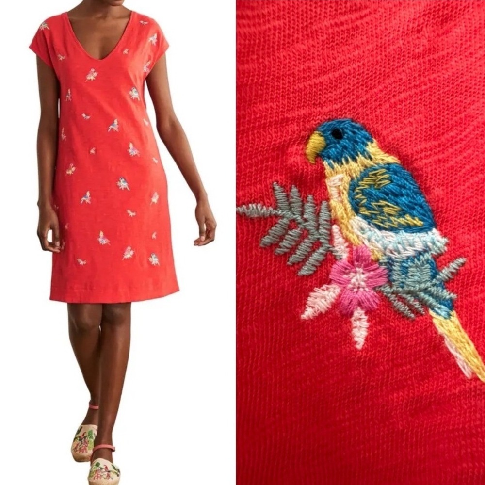 Boden Polly Red Parrot Embroidered Bird Print V-Neck Cotton Shift Dress US 10P